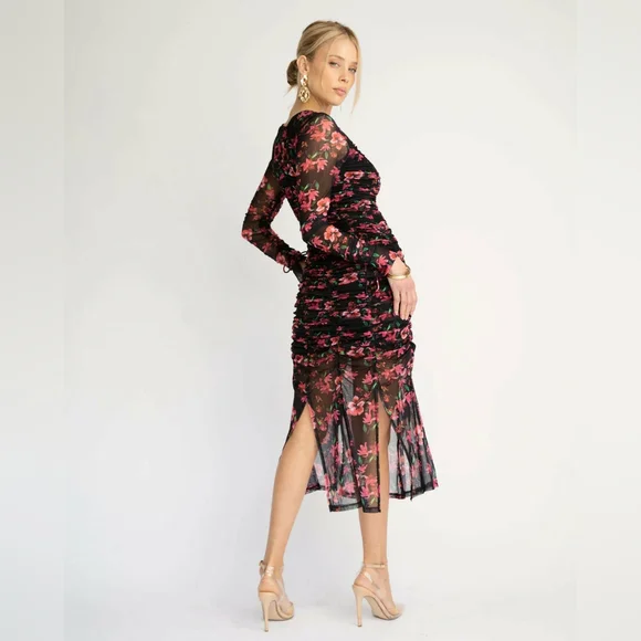 CLEARANCE Ruched Floral Mesh Midi Dress - Picture 4 of 10